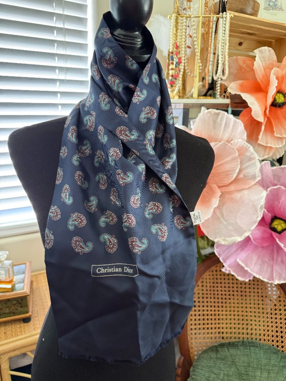 Vintage 80s/90s Christian Dior 100% Silk Navy Paisley Oblong Scarf Muffler